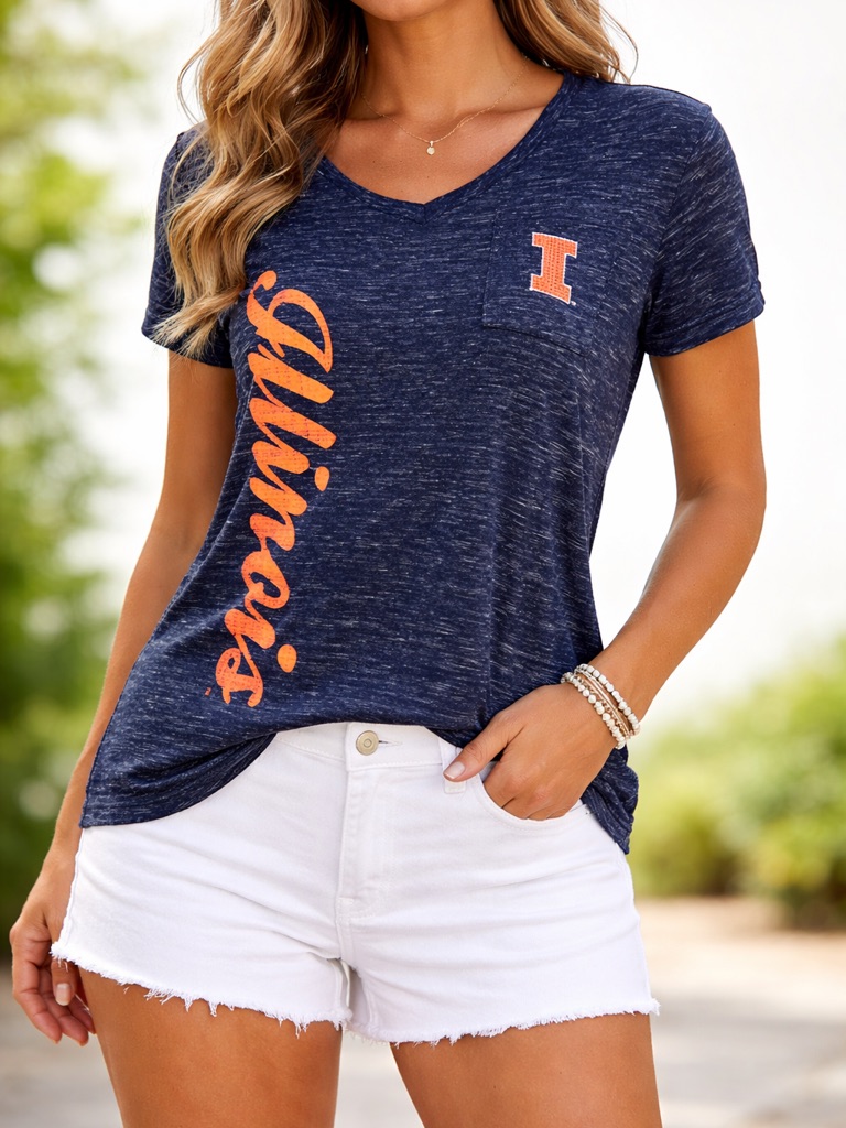 Colosseum Illinois Size Small Navy & Orange V-Neck Short Sleeve Tee